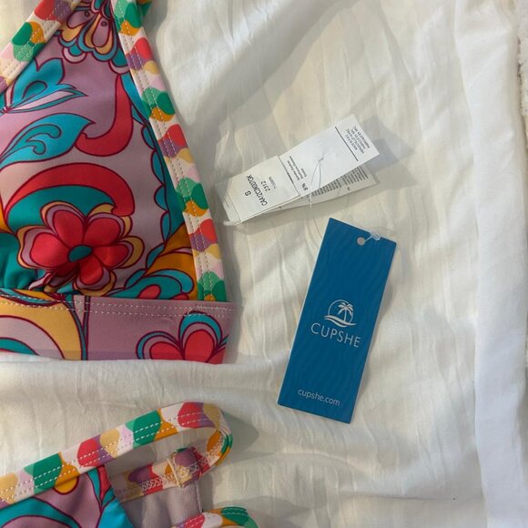 Boho Wavy Striped Strappy V-Neck Top & Cutout Bikini Set - size Small NWT - Picture 7 of 9